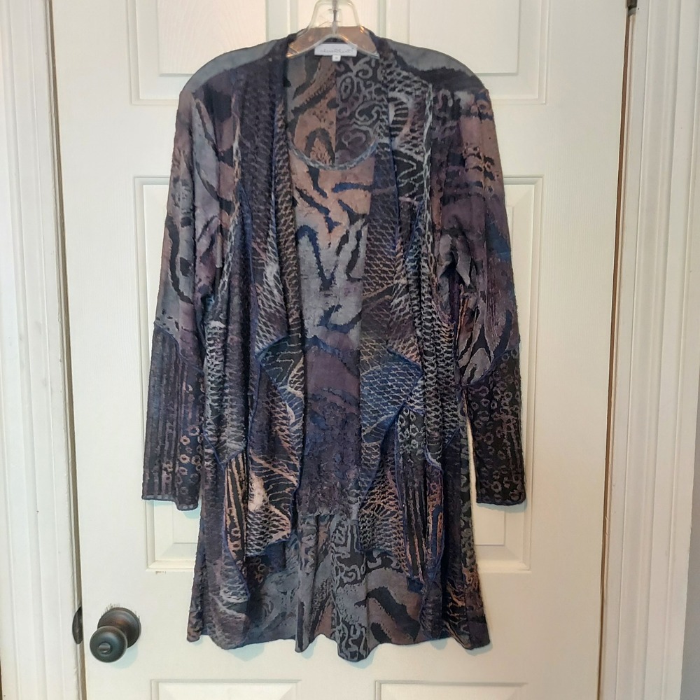 Keren Hart Mixed Animal Print Burnout Twinset Cardigan Tank Top Purple Blue M
